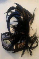 Black Feathered Venetian Masquerade Eyemask, One Size, Mardi Gras, Halloween EUC