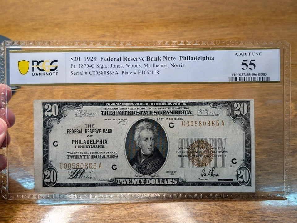 PCGS 55 About Uncirculated 1929 US $20 Federal Reserve Note Philadelphia - Image 3 of 4