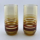 SET of 2 Vintage ANCHOR HOCKING Striped Amber Glass Drinking Tumblers 6” 1970’s