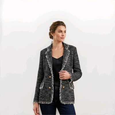 Misook Plus 1X Black White Plaid Knit Blazer Jacket Acrylic Blend Long Sleeve