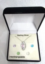 Sterling Silver Cross Necklace Interchangeable Gems Pink, Purple, Blue New