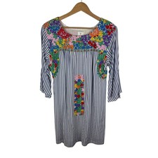 J. Marie Striped Floral Embroidered Mini Dress XS Bell Sleeve Colorful Cottage
