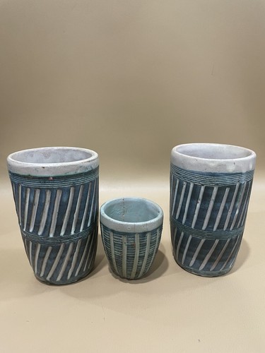 Vintage 3 Piece Puerto Rican Studio Pottery MCM Blue Tumblers Shot Glass Signed - Picture 11 of 11