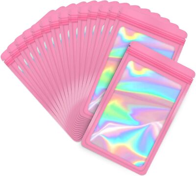 100 Pack Pink Holographic Ziplock Bags Resealable Sealable Mylar Packaging Bag