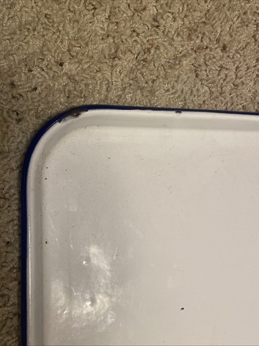 Vtg White Porcelain Enamel Farmhouse Serve Tray 19 x12 3/4" Blue Trim - Picture 4 of 7