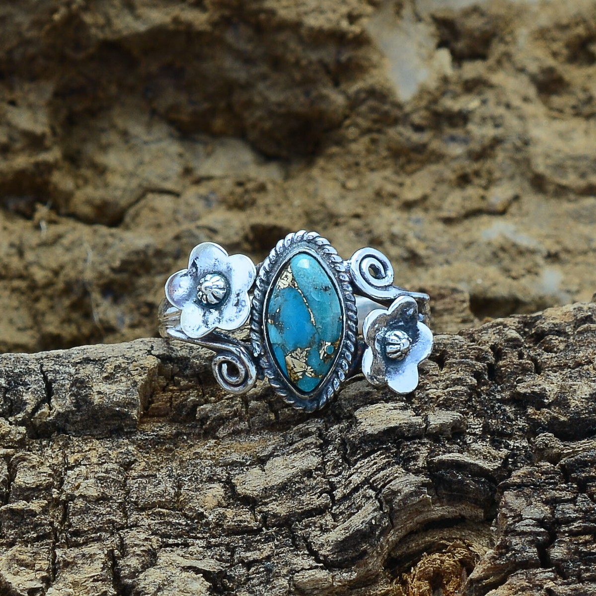 アクセサリー vintage silver925 turquoise clover ring Blue Copper Turquoise Gemstone 925 Sterling Silver Handmade