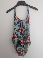 Vintage 90s Halter One Piece High Leg Hawaiian Floral Swimsuit S2S 14 Large