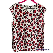 Talbots Petites Red and Navy Striped and Animal Print Career Blouse, PM