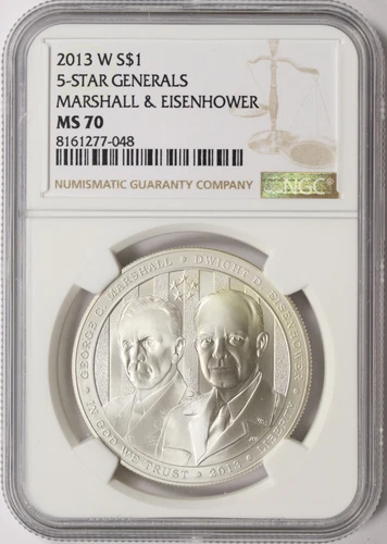 2013-W $1 5-Star Generals Marshall & Eisenhower Commem Silver Dollar NGC MS70