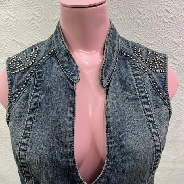 Chaleco Vaquero Guess Jeans Azul Abotonado Elastizado Paz Tachonado Motociclista Años 80 90 Y2K Foto 2 de 4