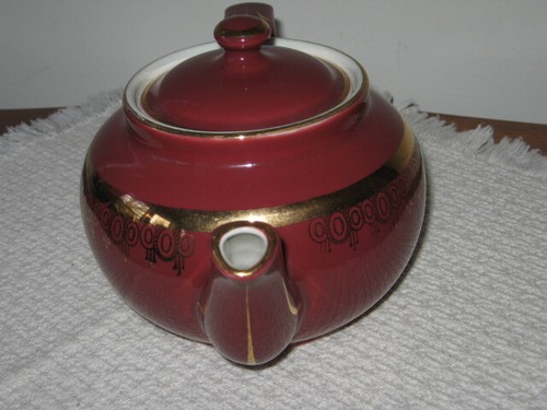Tetera y tapa vintage Hall U.S.A. 013 marrón y dorado filigrana y recorte de 6 tazas - Imagen 7 de 11