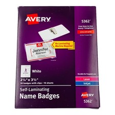 Avery Self-Laminating Name Badges with Clips 2-1/4" x 3-1/2" White 30 Badges