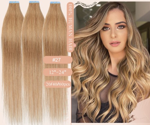 60PCS-150G Thick Tape In Remy Human Hair Extensions Full Head Skin Weft Balayage - Picture 30 of 44