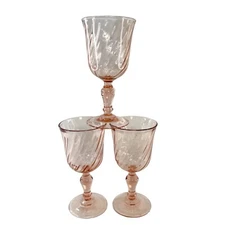 Vintage Goblet Glass Rosaline Pink Optic Swirl Twist Lot Of 3 Round Shape