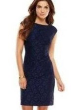 Womens Dress Party Formal Chaps Blue Jacquard Lace Sheath Short Sleeve $100-  10