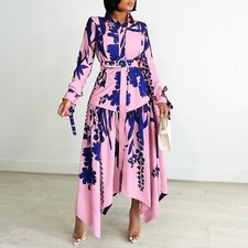 Shirt Dresses Women Trendy Printed Long Sleeve Lapel Button Up Shirt Long Dress