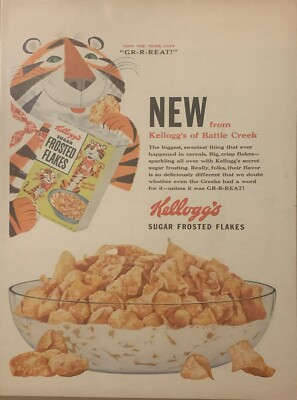 1953 Kelloggs Sugar Frosted Flakes PRINT AD Tony Tiger Says Gr-r-reat ...