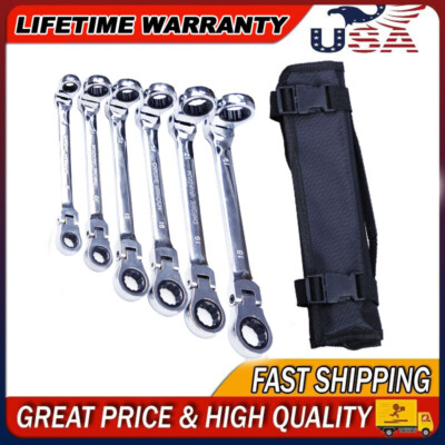 6Pc Double Box Extra Long Ratcheting Wrench Spanner Set End Flex-Head SAE Metric