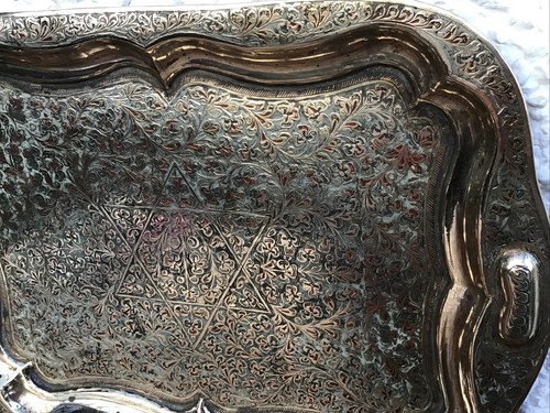 Antique Chisel Carved. North Indian Brass Enamelled Tray. 13.25” X 9.5”. - Picture 4 of 12