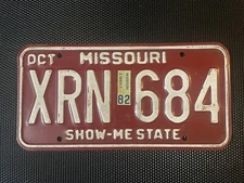 MISSOURI LICENSE PLATE 1982 OCTOBER XRN 684