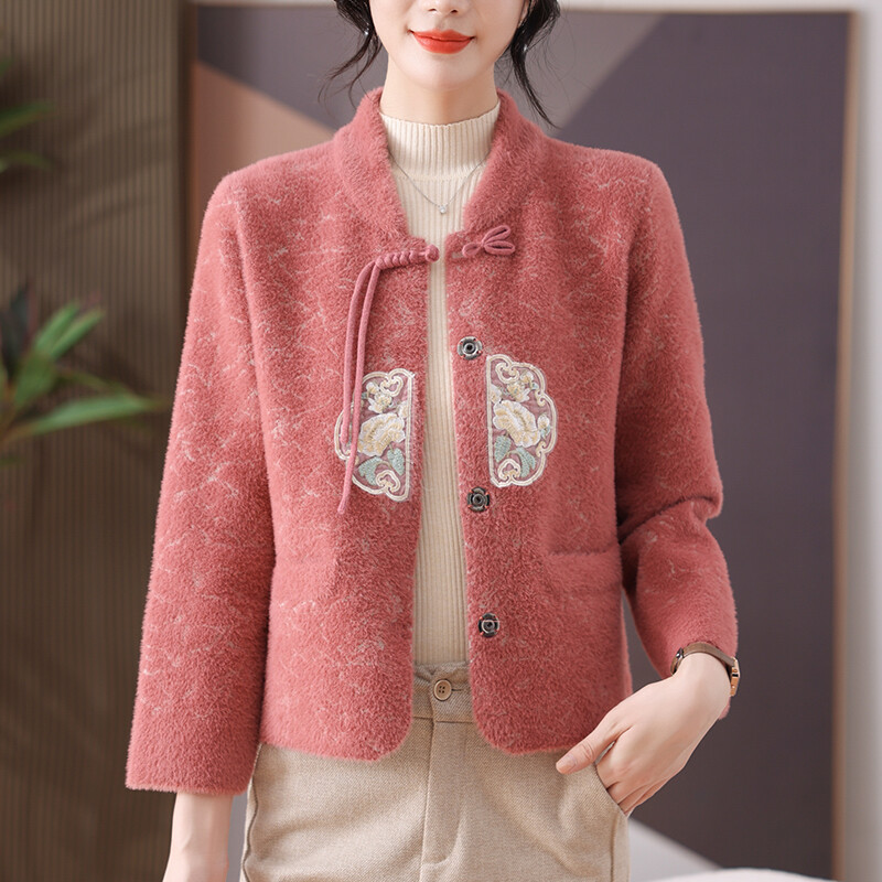 Chinese Style Knitted Jacket Top Women's Winter Sweater Mink Fur Cardigan Jacket