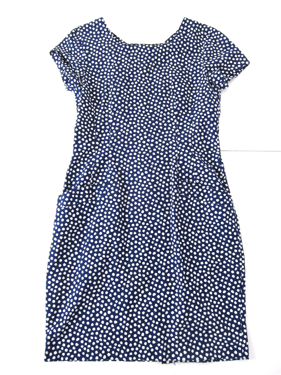 Vtg Vintage Blue Cotton Blue White Polka Dot Pocket Short Sleeve Smock  Dress L