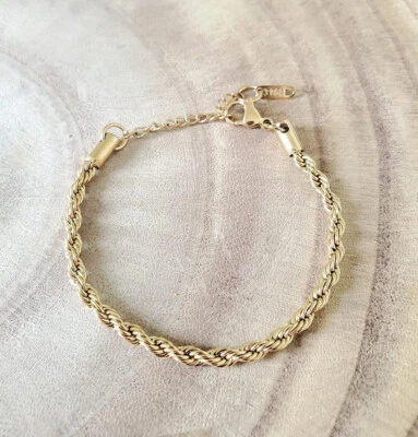 Bracelet torsadé acier inoxydable plaqué or cadeau homme femme 20cm + 3cm - Photo 1/3