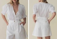 Women Doen Ramie V-neck Embellished Puff shor...