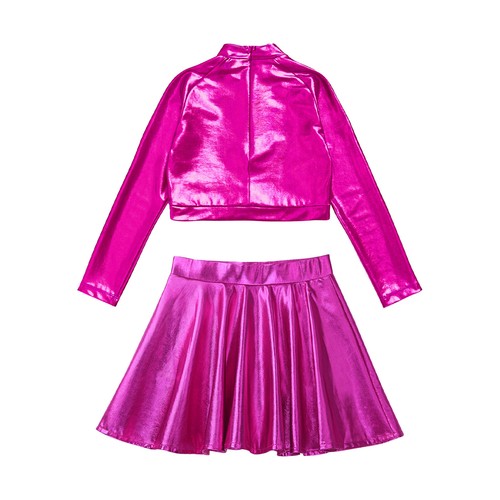 AU Girls Shiny Metallic Long Sleeve Crop Top with Skater Skirt Set Dance Outfits - Picture 46 of 73