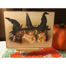 Victorian Witchy Cats, Vintage Halloween, Handcrafted Flat Board Canvas Sign