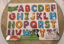 New MELISSA  DOUG Peg Puzzle 26pcs Alphabet with Pictures Under Pieces