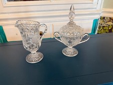 Vintage 1930s American Brilliant Cut Pressed Glass Sugar Bowl With Lid & Creamer