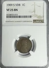 1909-S VDB Lincoln Wheat Penny Cent NGC VF25 - Key Date Great Looking Coin
