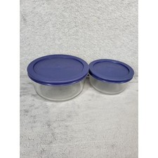 Set of 2 Pyrex Glass Food Storage Bowls Round Blue Lids 4 Cups  Smaller One