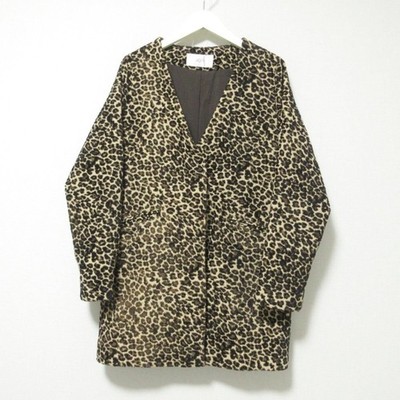 VICKY Jacquard Coat Leopard Pattern Collarless Jacket 1 Beige Women USED