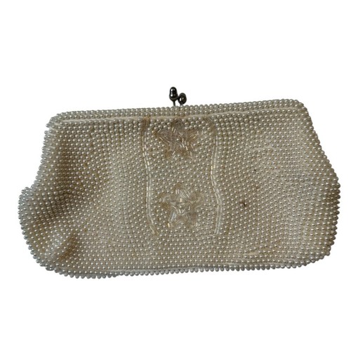 Vintage 1960 Bon Soir Italian Pearl Cream Clutch Purse Beads Silk Wedding B72Q