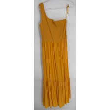 Nine West Womens One Shoulder Smocked Maxi Dress Yellow Tiered Sz L