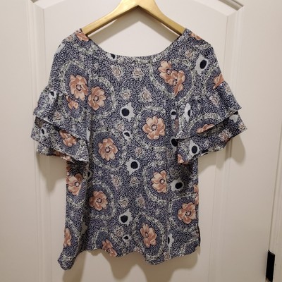 LOFT Women's Small Blouse Floral Blue Pink Green Ruffle Flutter Sleeve S