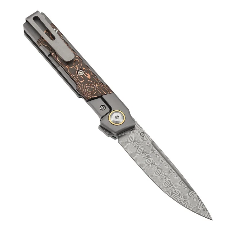 Kansept Kitpu Folding Knife 2.9" Damascus Blade Titanium/CF/Copper Foil Handle - Image 4 of 4