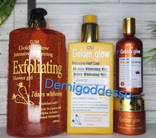 Set Golden Glow Body Milk 500ml Lotion  1000ml exfoliating shower Gel. 4 in 1