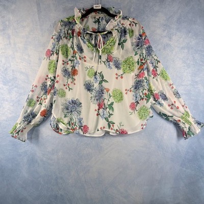 LOFT Floral Ruffle Neck Tie Keyhole Blouse Green Blue White Small