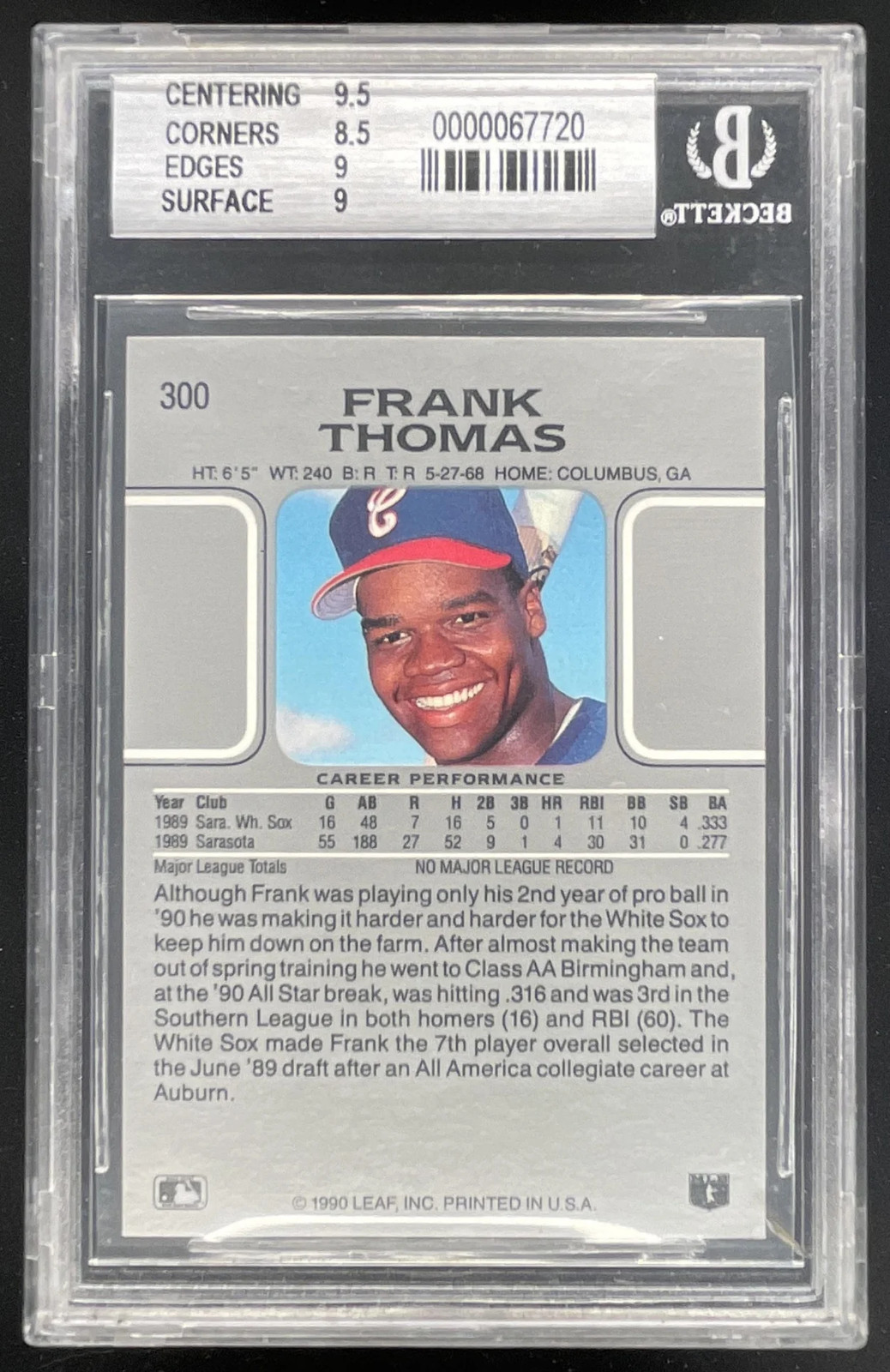 1990 Leaf #300 Frank Thomas UER RC BGS 9 view 2