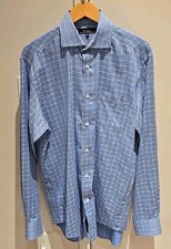 Faconnable Mens Blue Windowpane Check Cotton Button Down Shirt XL 16.5 USA Made