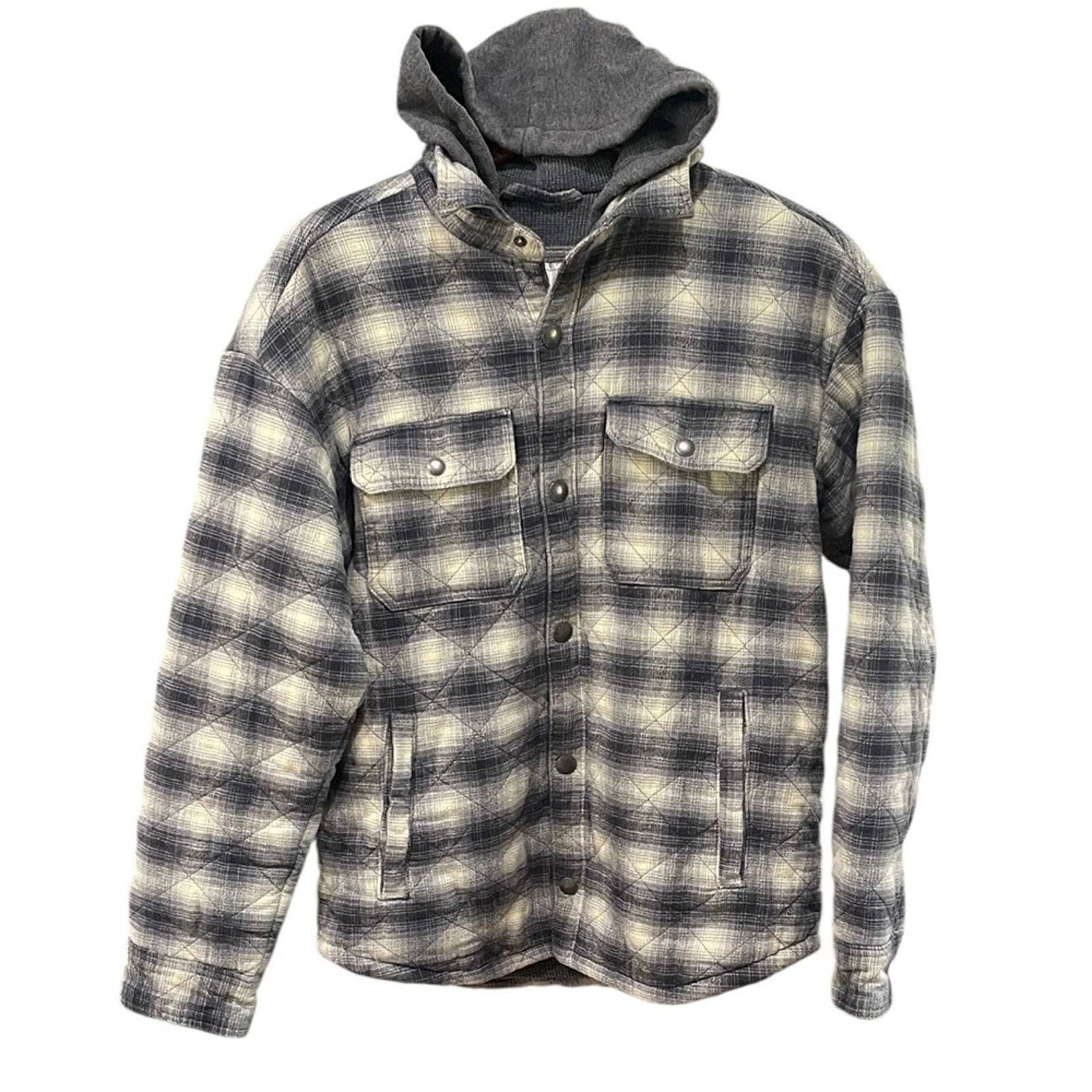 American‎ Eagle Men’s Quilted Thermal Lined Hooded Plaid Jacket SZ M Grey Cream