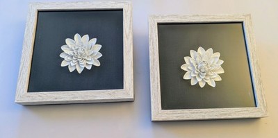 Set Of 2 White Ceramic Flower Rustic Style Shadow Box Framed Wall Decor 8.5x8.5