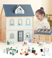 PairPear Large Wooden Dollhouse, 3 Story Play House with 64 Pieces Furniture ...