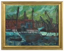 Framed Signed Eva Fisher Blue Harbor Canvas