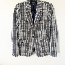 Halogen Women Navy Blue White Plaid Tweed Blazer Jacket Size S