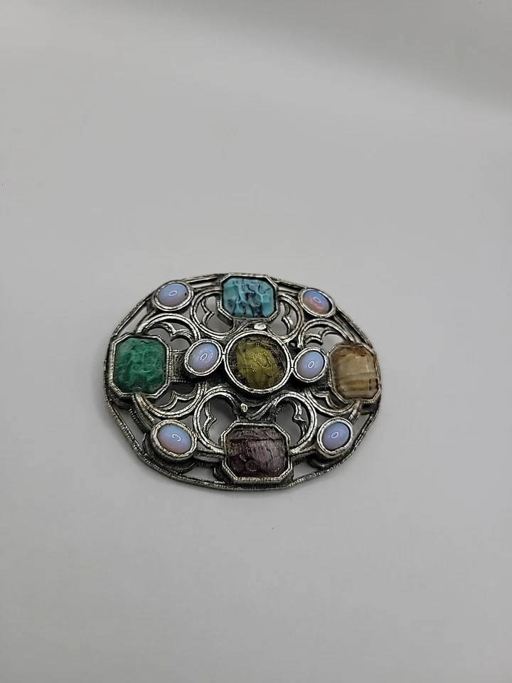 Broche celta escocés milagroso vintage imitación ágata ópalo piedras tono plata Foto 2 de 4