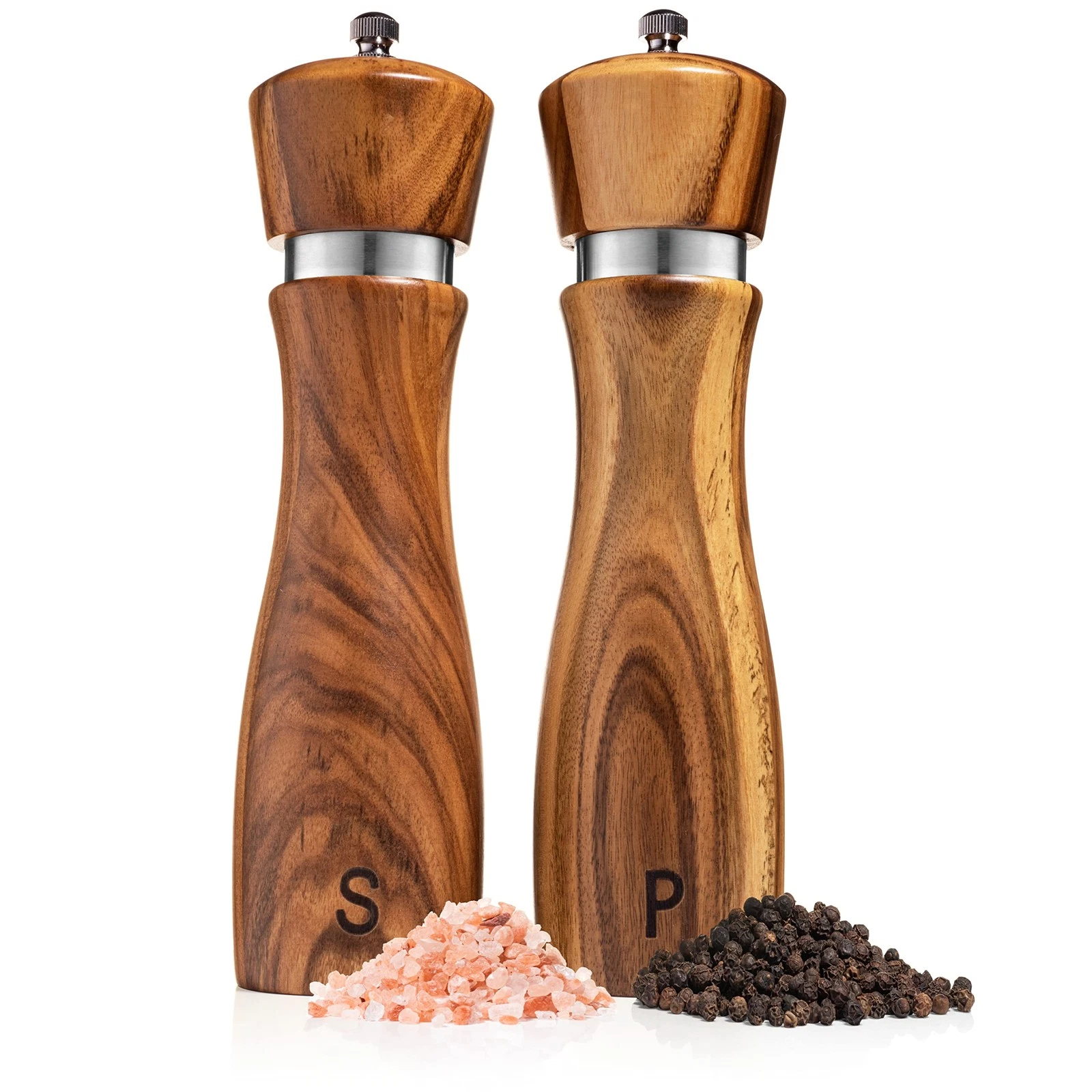 Wooden Salt and Pepper Grinder Set: Refillable Salt & Pepper Mills Adjust for...